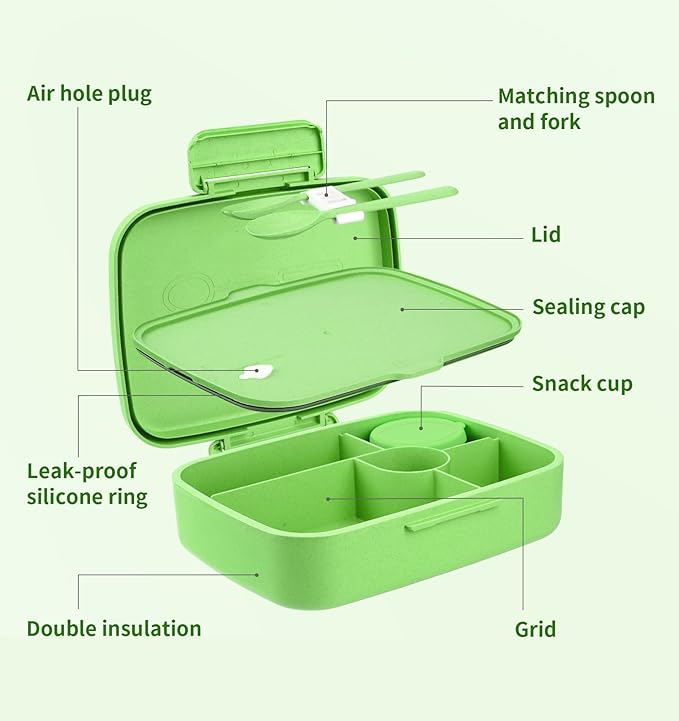 Bento Lunch Box with Kids/Adults, 5 Compartments Leakproof Lunch Container with Dressing Cup, Eco-Friendly Double Insulated Boxes, Dishwasher and Microwave Safe, BPA-Free (green)
