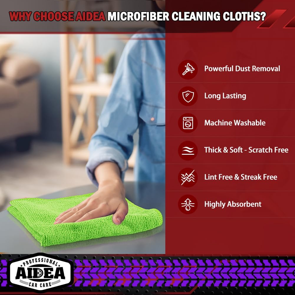 AIDEA Microfiber Cleaning Cloth, 10PK, Microfiber Towels for Cars, Premium All Purpose Car Cloths, Dusting Cloth Cleaning Rags, Absorbent Towels for SUVs, House, Kitchen, Window, 12"×12", Green