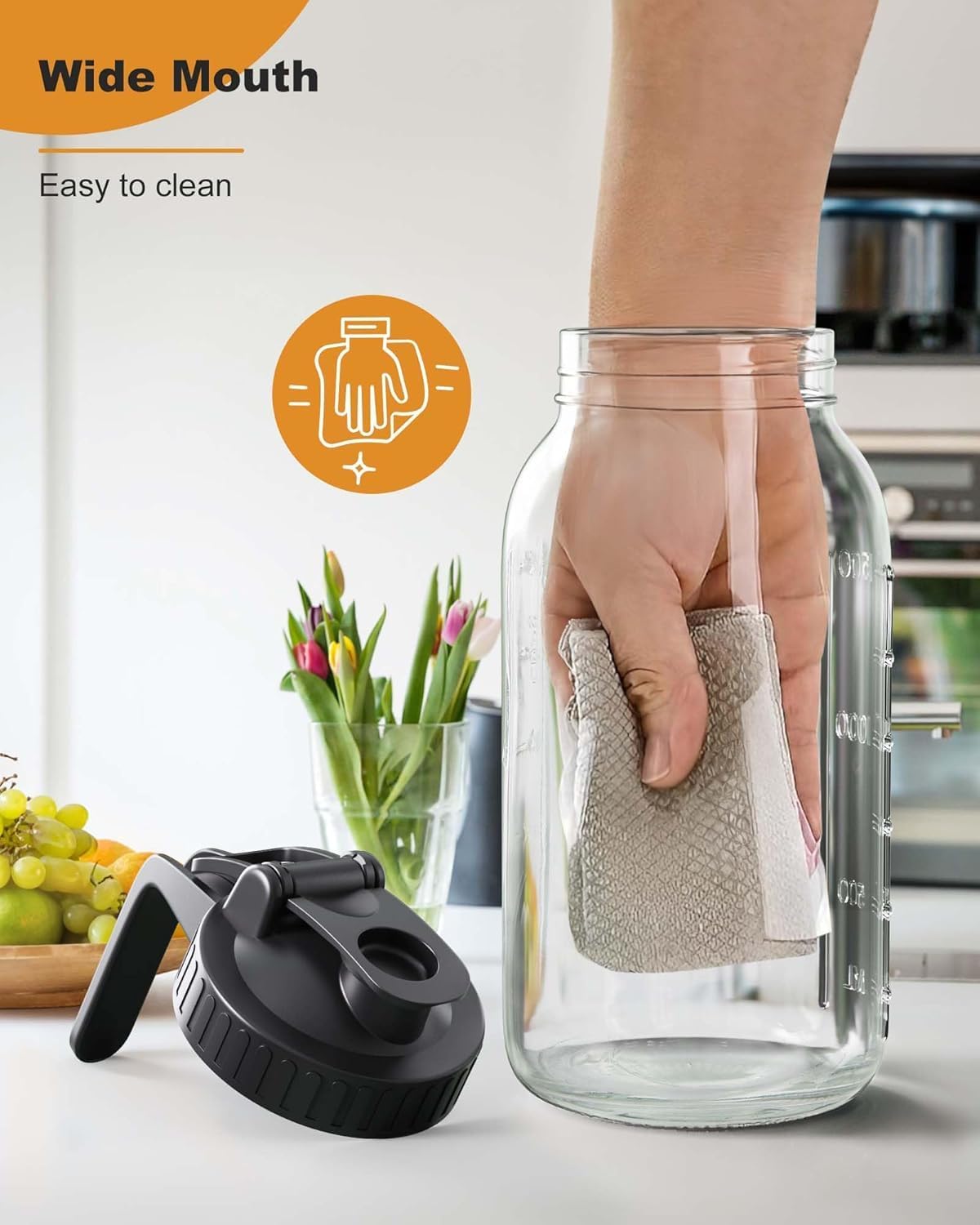 2 Pack (64oz) Glass Mason Jar Pitcher with Lid and Spout Wide Mouth, 2 Quart Leakproof Water Jug for Sun Tea, Iced Coffee, Milk Storage, Juice, Black