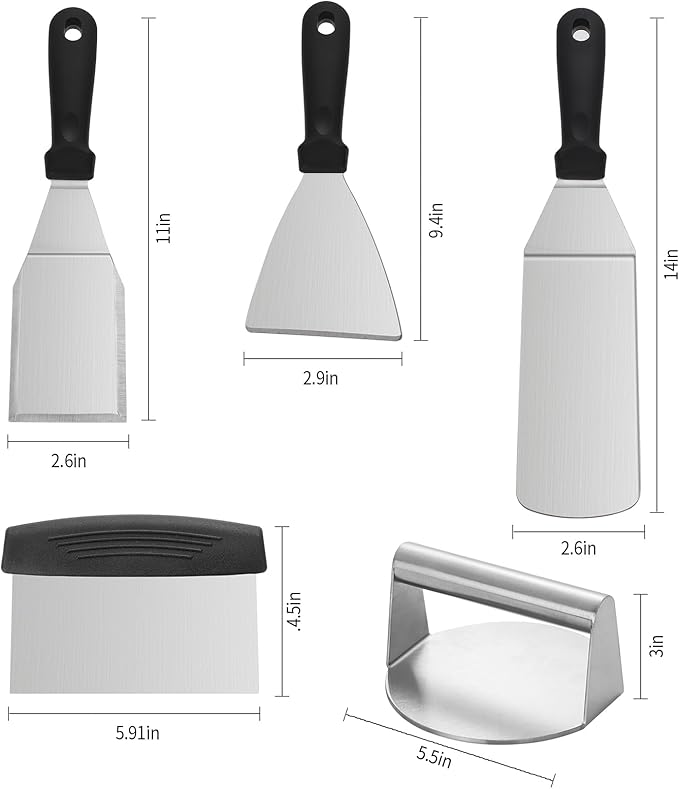 Stainless Steel Spatula Set, Amafox 5-Piece Grill Spatula Set with Full Tang Handle- Flat BBQ Grill Griddle Accessories- Spatula Pancake Flipper Hamburger Turner