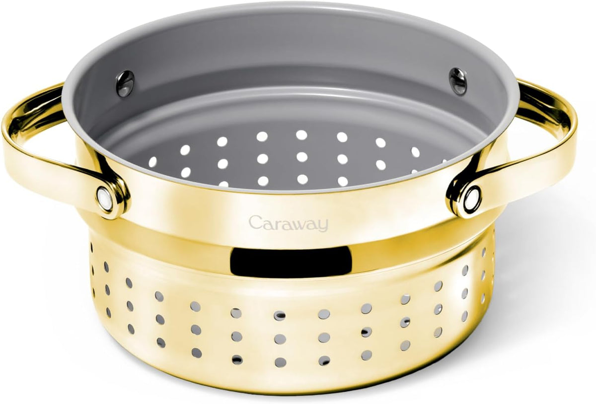 Caraway Steamer - Stainless Steel Steamer with Handles - Non Stick, Non Toxic Coating - Steam Veggies, Seafood, and More - Compatible With Our Dutch Oven or Sauce Pan - Small, 3qt - Gold