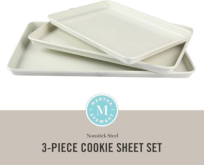 Martha Stewart Gallen 3-Piece Cookie Sheet Set – 13", 15", 17" Baking Pans, Ceramic Nonstick, PFA-Free, Carbon Steel – Oven Safe to 450°F, Warp-Resistant, Easy to Clean - Linen White