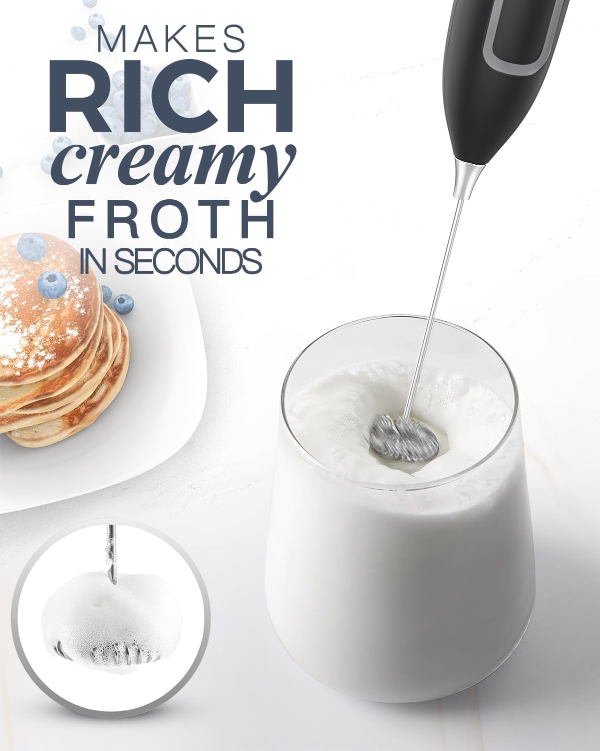 Milk Frother Handheld with Stand, Battery-Operated Electric Foam Maker Frother Wand, Whisk Drink Mixer & Foamer for Coffee, Latte, Matcha, Hot Chocolate