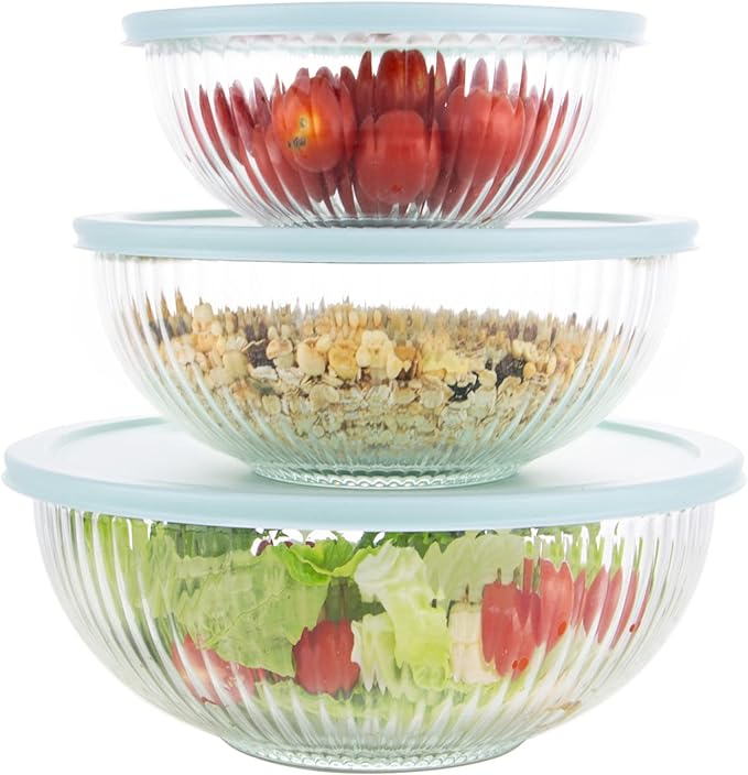 WhiteRhino Glass Mixing Bowls with Lids Set of 3(3.7QT, 2.1QT, 1.1QT),Large Kitchen Salad Bowls, Space-Saving Nesting Bowls, Clear Glass Serving Bowls for Cooking,Baking,Prepping,Dishwasher Safe