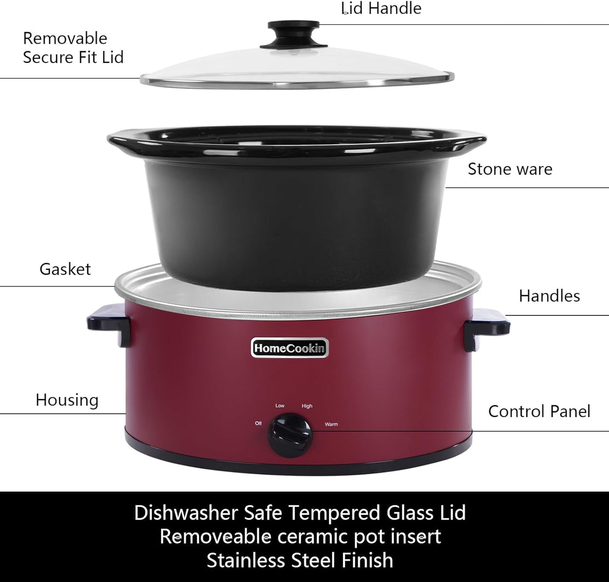 HOMECOOKIN 6 Quart Slow Cooker Oval Manual Pot Food Warmer with 3 Cooking Settings, Red Stainless Steel
