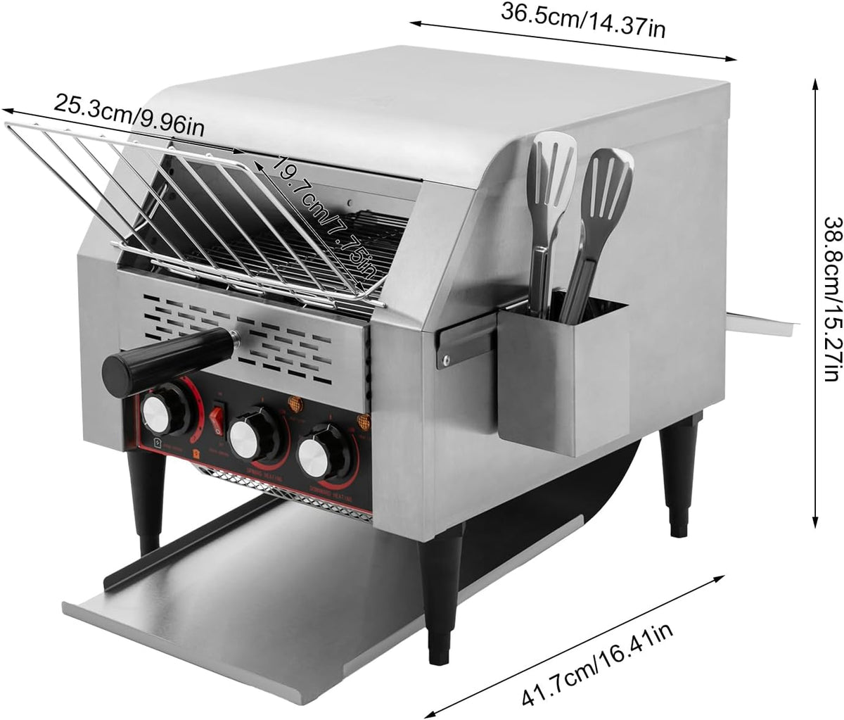 Commercial Conveyor Toaster 300 Slices/Hour Stainless Steel Conveyor Restaurant Toaster 1900W Countertop Electric Industrial Toasters w/Double Heating Tubes for Bun Bagel Bread Baked Food