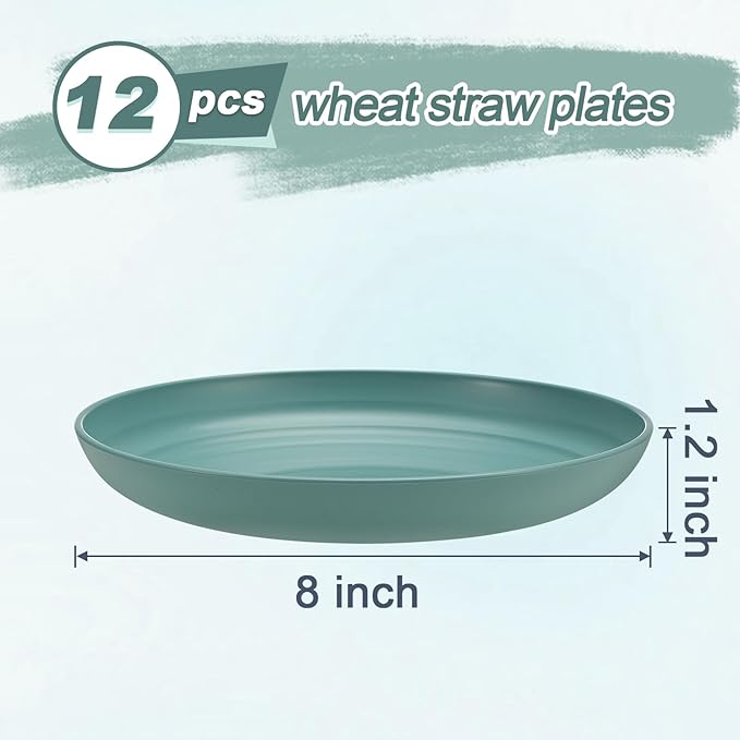 12 Pcs Unbreakable Deep Dessert Plates Set, 8 inch Reusable Plastic Wheat Straw Plates, Microwave and Dishwasher Safe Plate for Kitchen, Lightweight Plate for Dessert, BPA Free, Dark Green