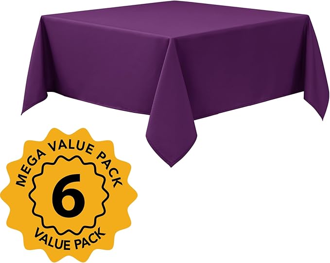 6-Pack Purple Tablecloths for Square Tables, 54 x 54 Inches, Stain-Resistant Polyester Fabric for 2 Foot Tables - Washable Table Covers for Weddings, Banquets, Birthday Parties, Events
