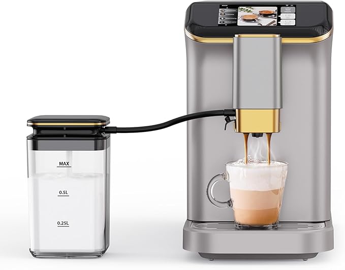 PioneerWorks Full Automatic Espresso Machine with Built-In Grinder & Milk Frother - FTF Touchscreen Coffee Maker for Latte/Cappuccino, 20 Bar Pressur & 1.5L Water Tank, 1350W, Gold