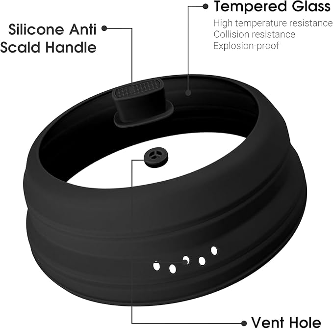 Microwave Splatter Cover Glass Microwave Cover for Food Collapsible Splatter Guard Lid with Silicone Handle for Pot Plate Bowl 9.8 Inch Black