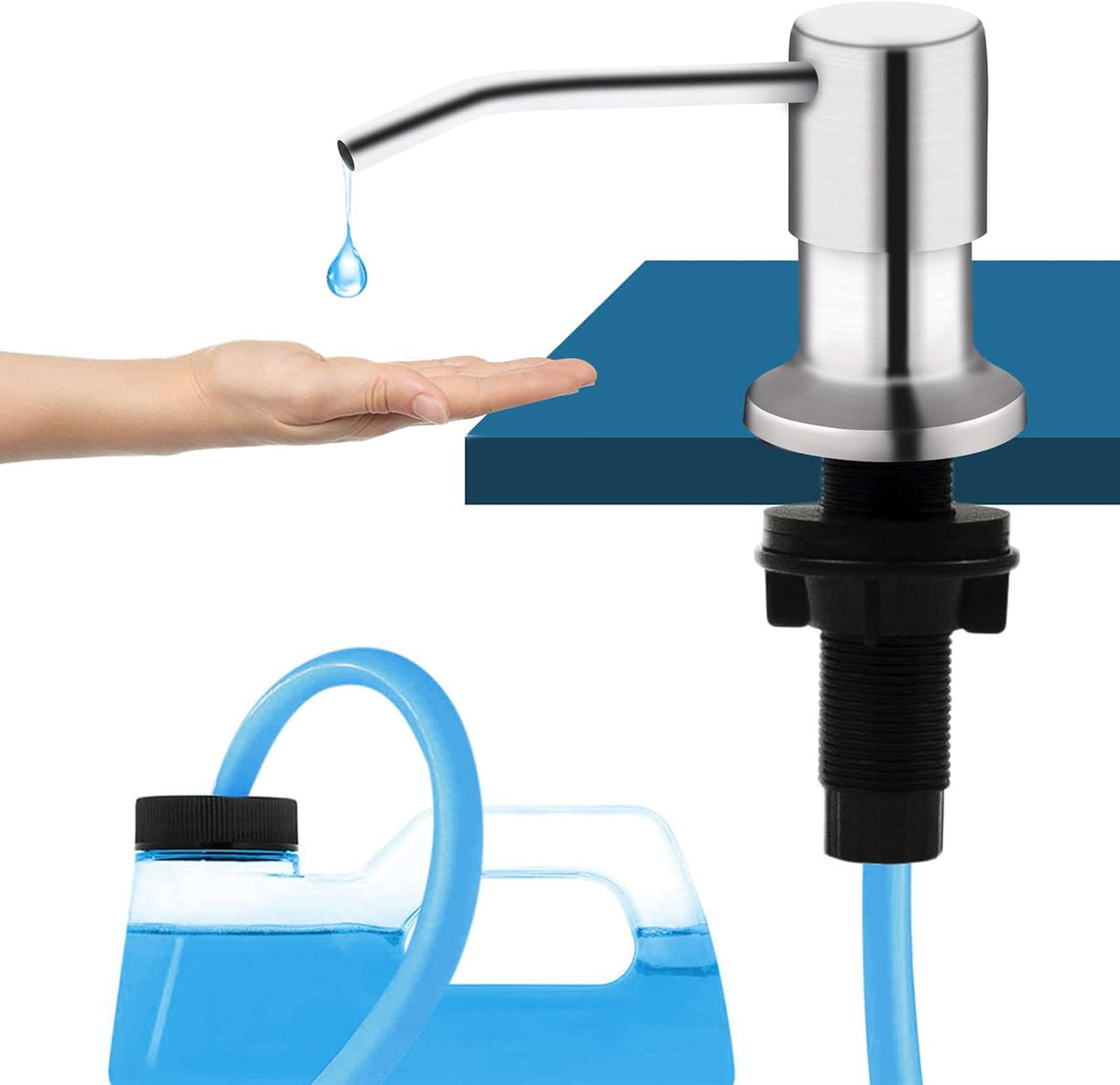 Kitchen Sink Soap Dispenser, Brushed Nickel Countertop Soap Dispenser Pump, 47" Silicone Extension Tube Connect to The Soap Bottle Directly, Say Goodbye to Frequent Refills