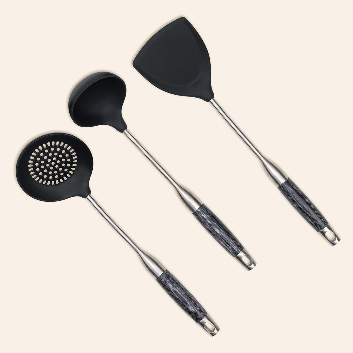 FJNATINH Silicone Wok Spatula,Ladle,Skimmer Tool Set - Stainless Steel Wok Tools, Wok Utensil,Non Stick Heat-Resistant Cooking Utensils BPA Free Kitchen Utensils Cookware (Black Stainless Steel-3PCS)