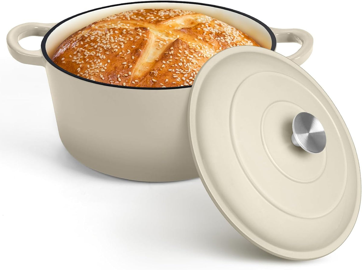 P&P CHEF 7QT Enameled Dutch Oven, Cast Iron Dutch Oven Pot with Lid for Bread Baking, Enameled Casserole Pot for Roasting Braising Stewing Frying Simmering, Various Stoves & Easy Clean, Khaki