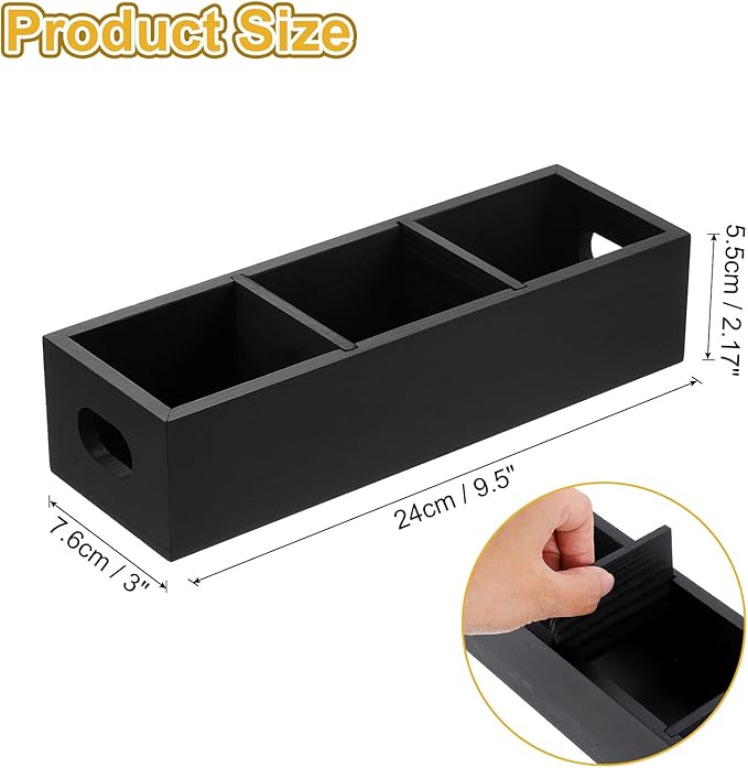 uxcell Tea Bag Organizer, 3 Compartments Pine Wood Tea Box with Handle, Tea Storage Organizer Holder for Tea Bags, Beverage Supplies Sugar Packet, Black
