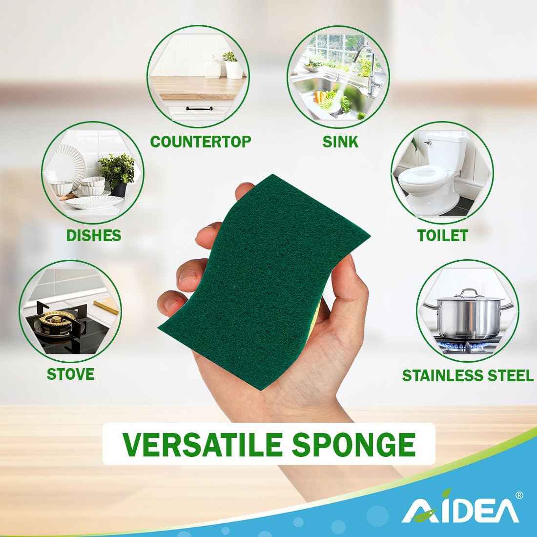 AIDEA Heavy-Duty Scrub Sponges, 6Count, Sponges for Non-Coated Cookware, Kitchen Sponge for Dishes, Scrubbing Power for Tough Messes, Cleaning Sponge for Kitchen, Bathroom, Household