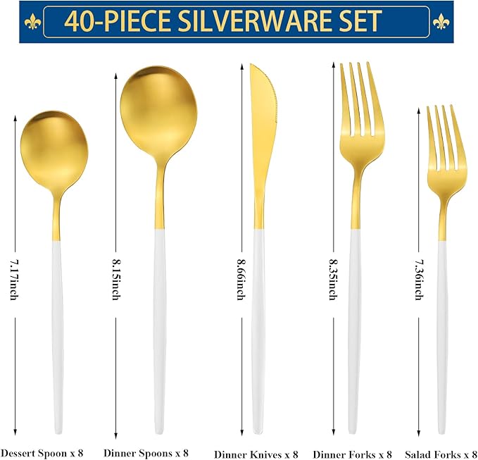 White And Gold Silverware Set for 8, 40-Pieces Matte Gold And White Handle Flatware Set, Stainless Steel Cutlery Tableware set, Kitchen utensils set Include Spoons And Forks Set, Dishwasher Safe