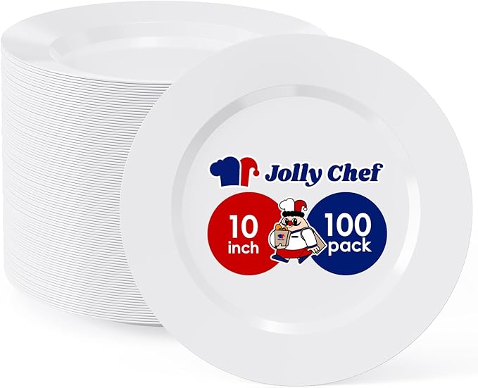 JOLLY CHEF 100 Pieces White Plastic Plates-10 Inch Elegant Disposable Plastic Plate, Disposable White for Weddings,Parties,Dinner,Birthdays and Events