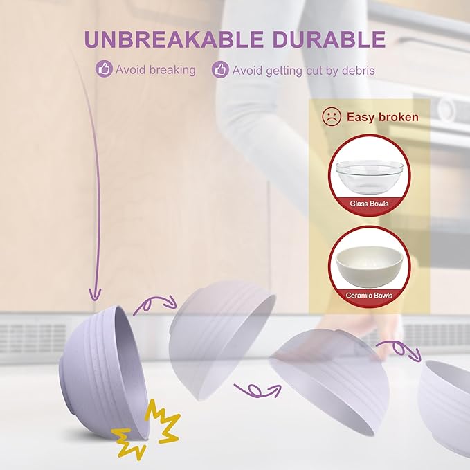 HOTEC BPA Free Unbreakable Wheat Straw Cereal Bowls - Microwave & Dishwasher Safe Soup and Salad Bowls, Set of 8, 26oz, Purple