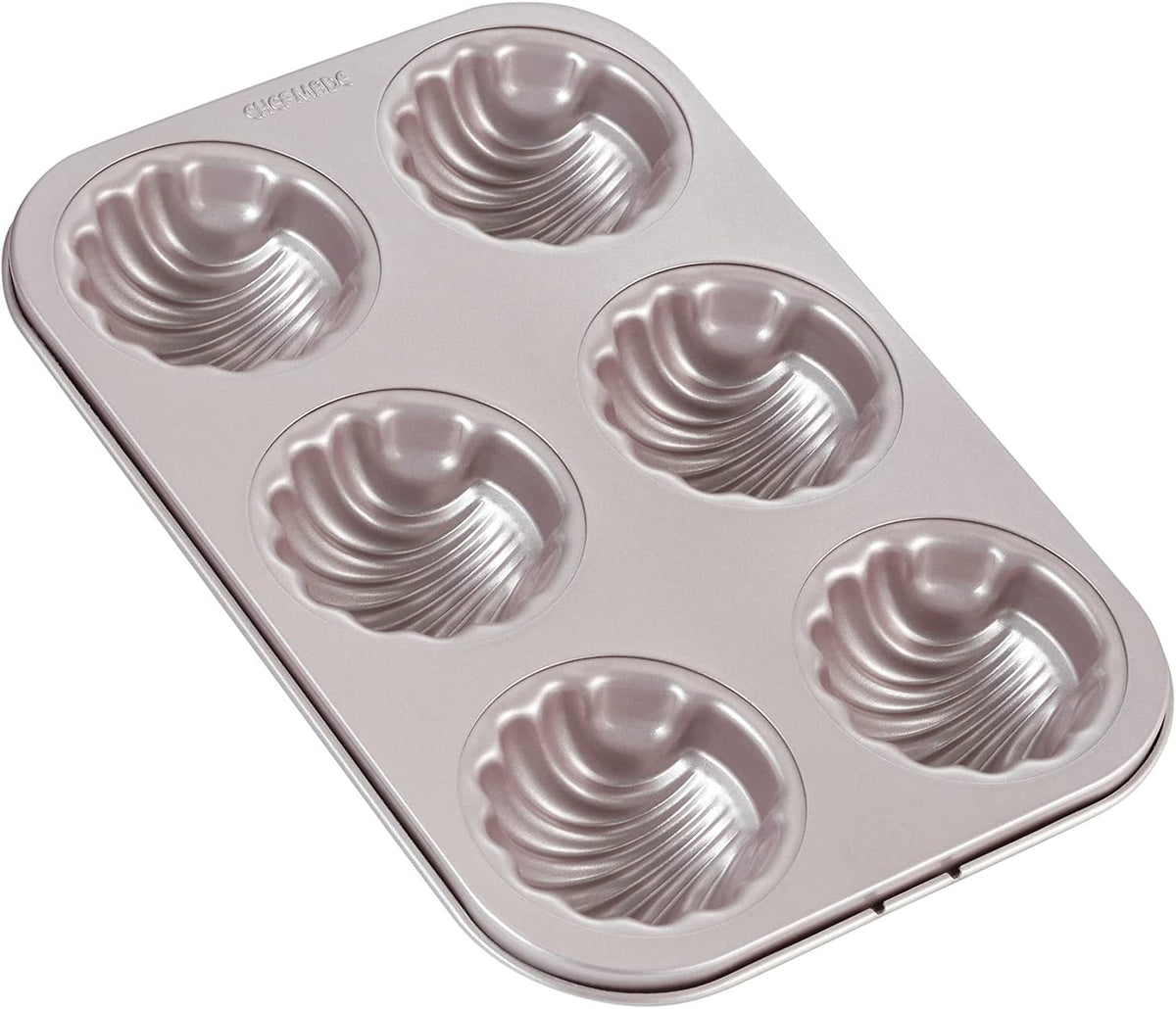 CHEFMADE Madeleine Mold Cake Pan, 6-Cavity Non-Stick Spherical Shell Madeline Bakeware for Oven Baking (Champagne Gold)