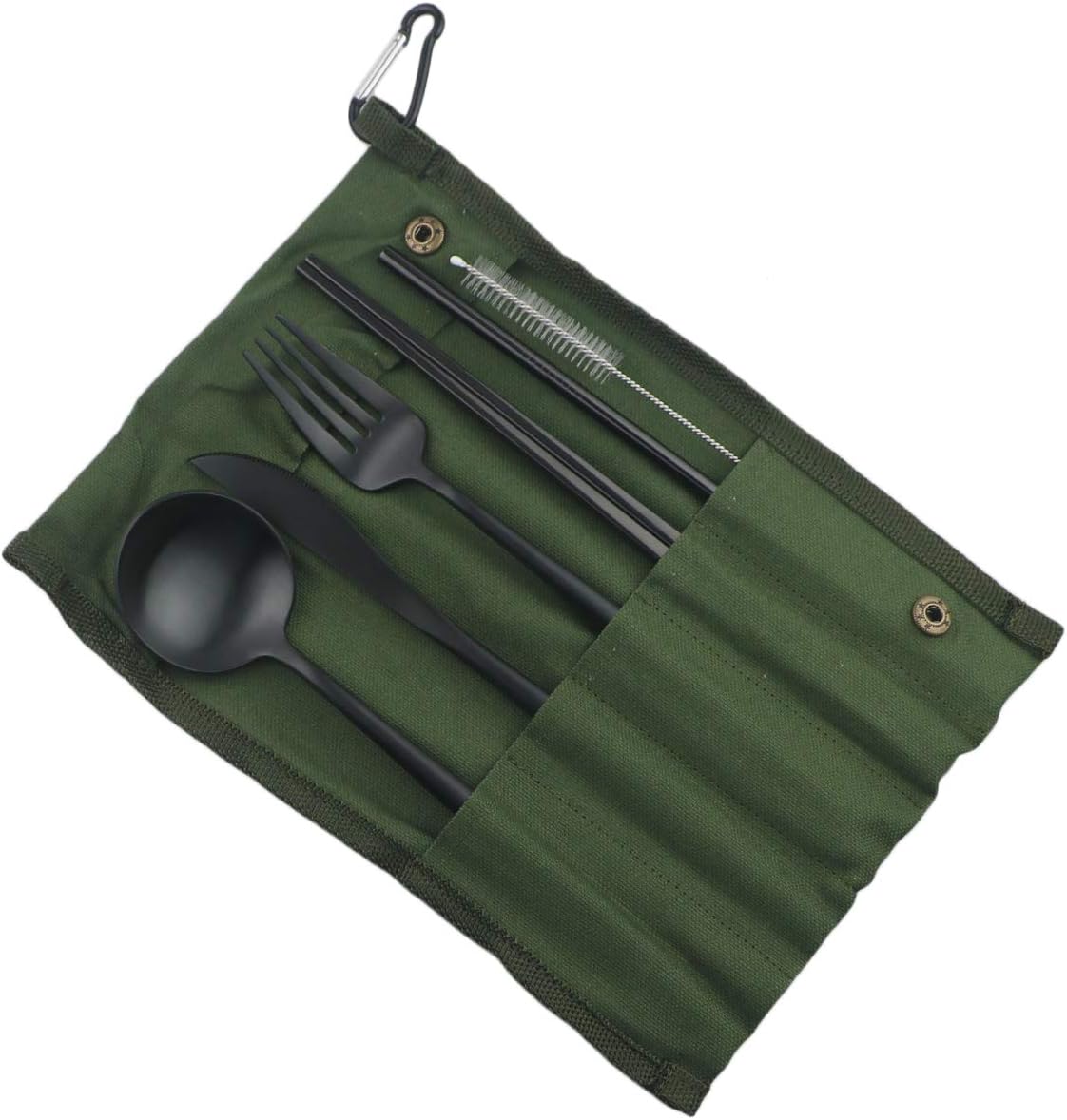 Gugrida Reusable Travel Utensils, 7 Piece Portable 304 Stainless Steel including Knife Fork Spoon Chopsticks Cleaning Brush Straws Portable Pouch, Eco-friendly Camping Silverware Set, Dishwasher Safe