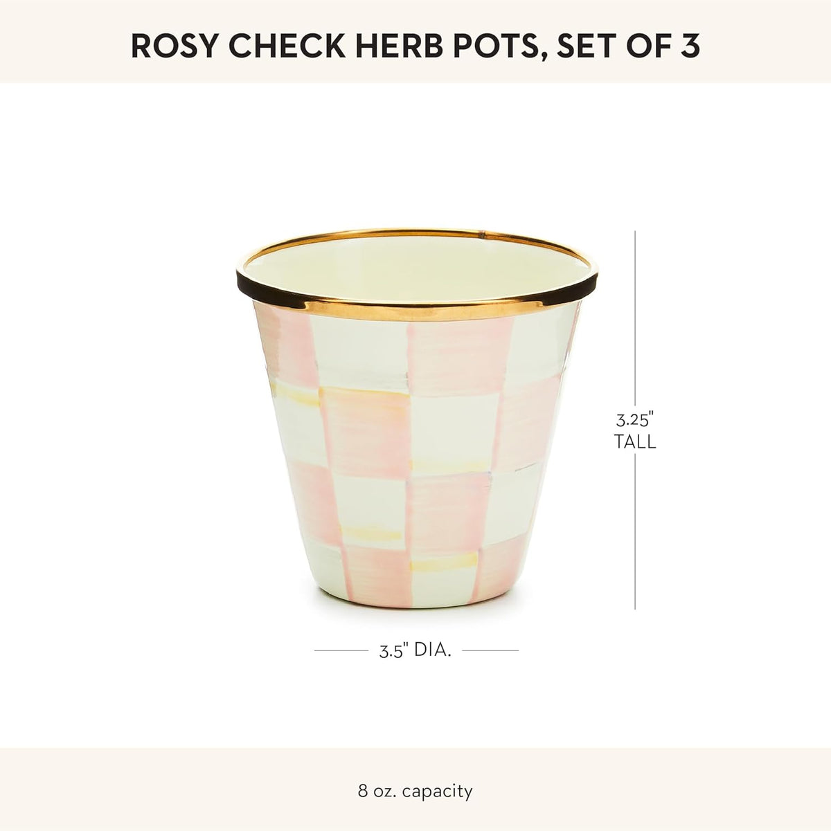 MACKENZIE-CHILDS Enamel Herb Pots, Small Plant Pots for Herbs or Flowers, Set of 3, Pink-and-White Rosy Check