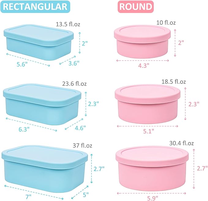 Nesting 100% Silicone Food Storage Containers with Lid & Measuring Line, 6 Pack, Leakproof Stackable Silicone Containers for Food Lunch Snack, Microwave Freezer Dishwasher Safe, Light Blue/Pink