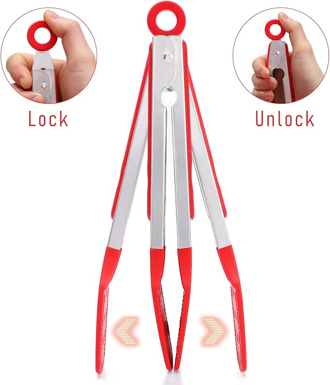 9 Inch Kitchen Tongs, Cooking Tongs with Slotted Silicone Tips and Stainless Steel Handle, Non Stick Heat Resistant Tongs for Cooking, Buffet, Salad Serving (9", Red)