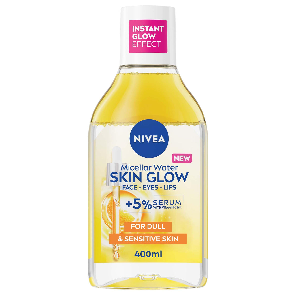 NIVEA Skin Glow Micellar Cleansing Water for Face Eyes Lashes – Gentle Daily Makeup Remover and Facial Cleanser with Vitamin C & E and Amino Acid Complex for Sensitive Skin, 13.5 fl. oz