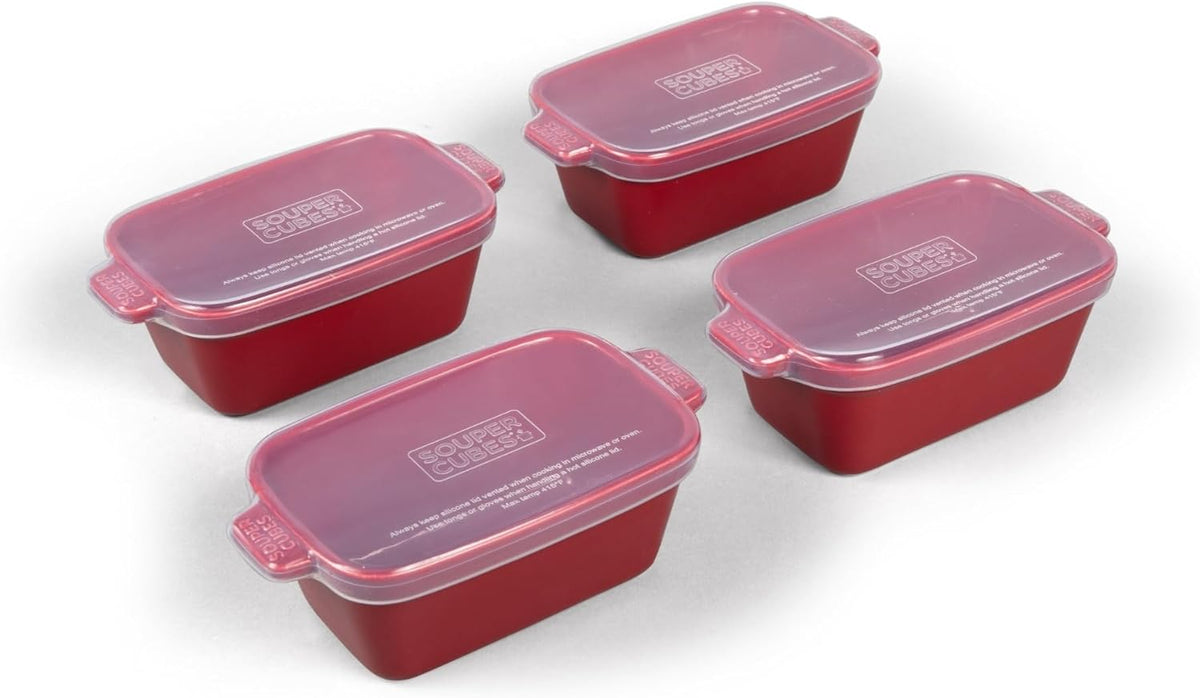 Souper Cubes Stoneware - Small Ceramic 5" x 3" Baking Dish with Silicone Covers, Small Baking Dishes for Oven Perfect for Reheating Single Serve Portions, Set of 4 - Cranberry