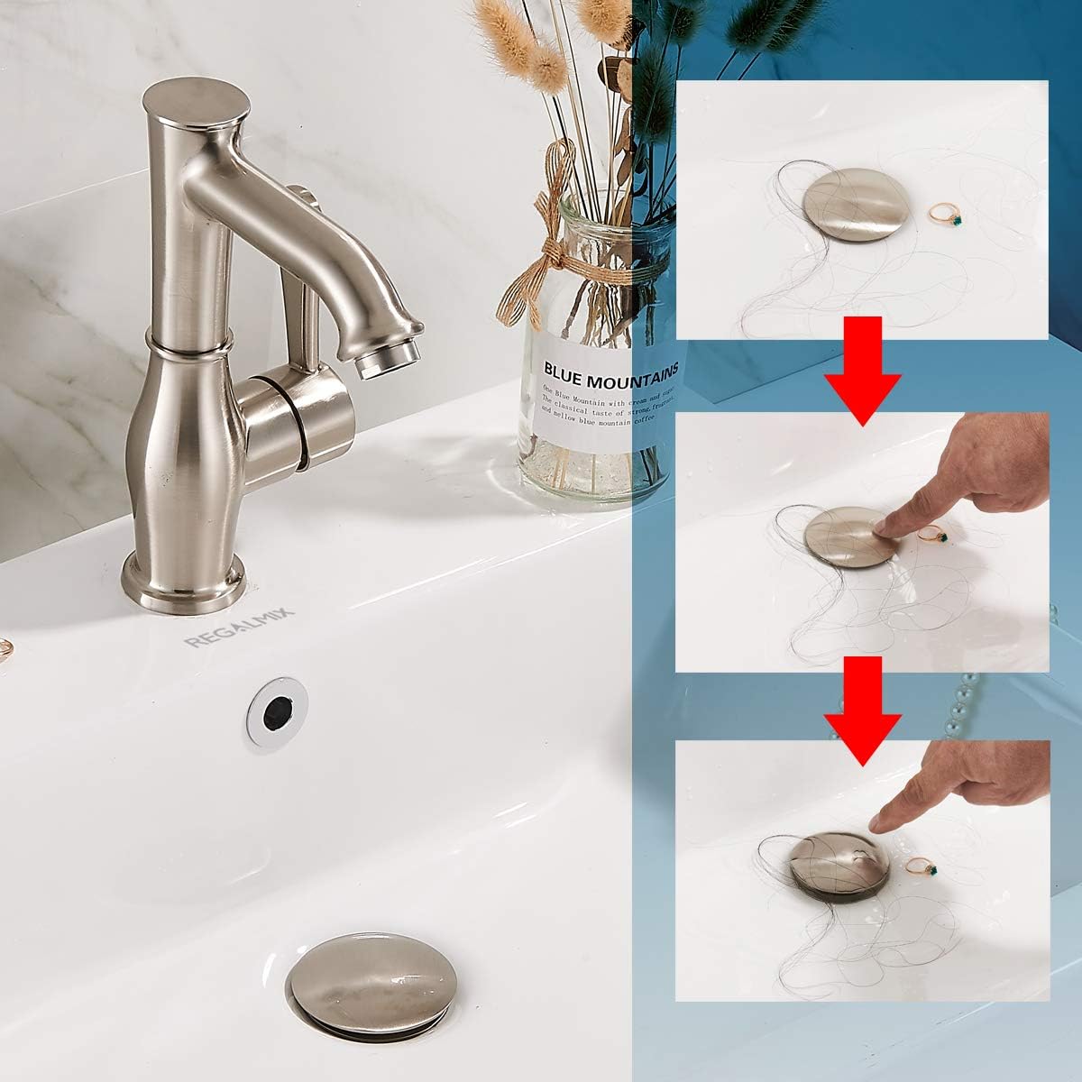 Bathroom Sink Drain with Overflow, Brushed Nickel Pop Up Drain 2 Pack, All Metal Bathroom Sink Stopper for Vanity Vessel Sink, Stainless Steel and Brass, RM083J-P2