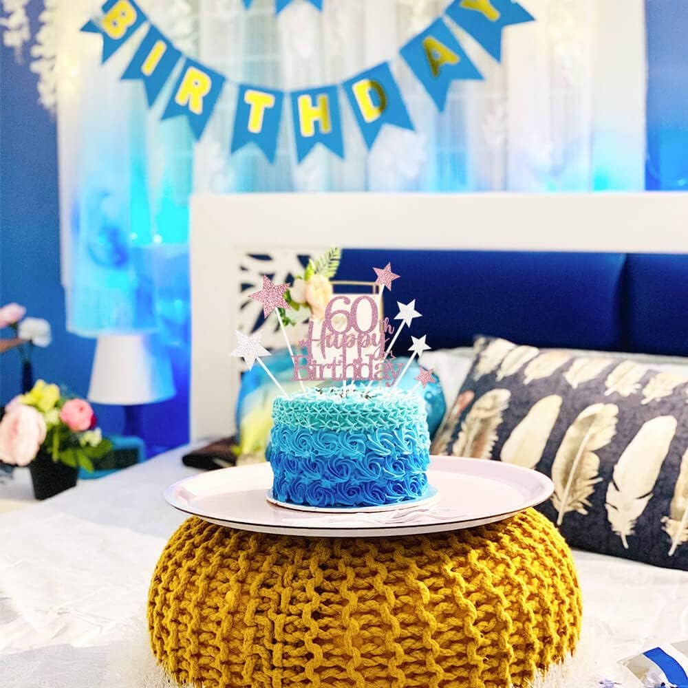 Glittery 60th Happy Birthday Cake Topper with Star,Personalised 60 Birthday Cake Toppers Party Decorations Party Supplies for Men Women Rose Gold