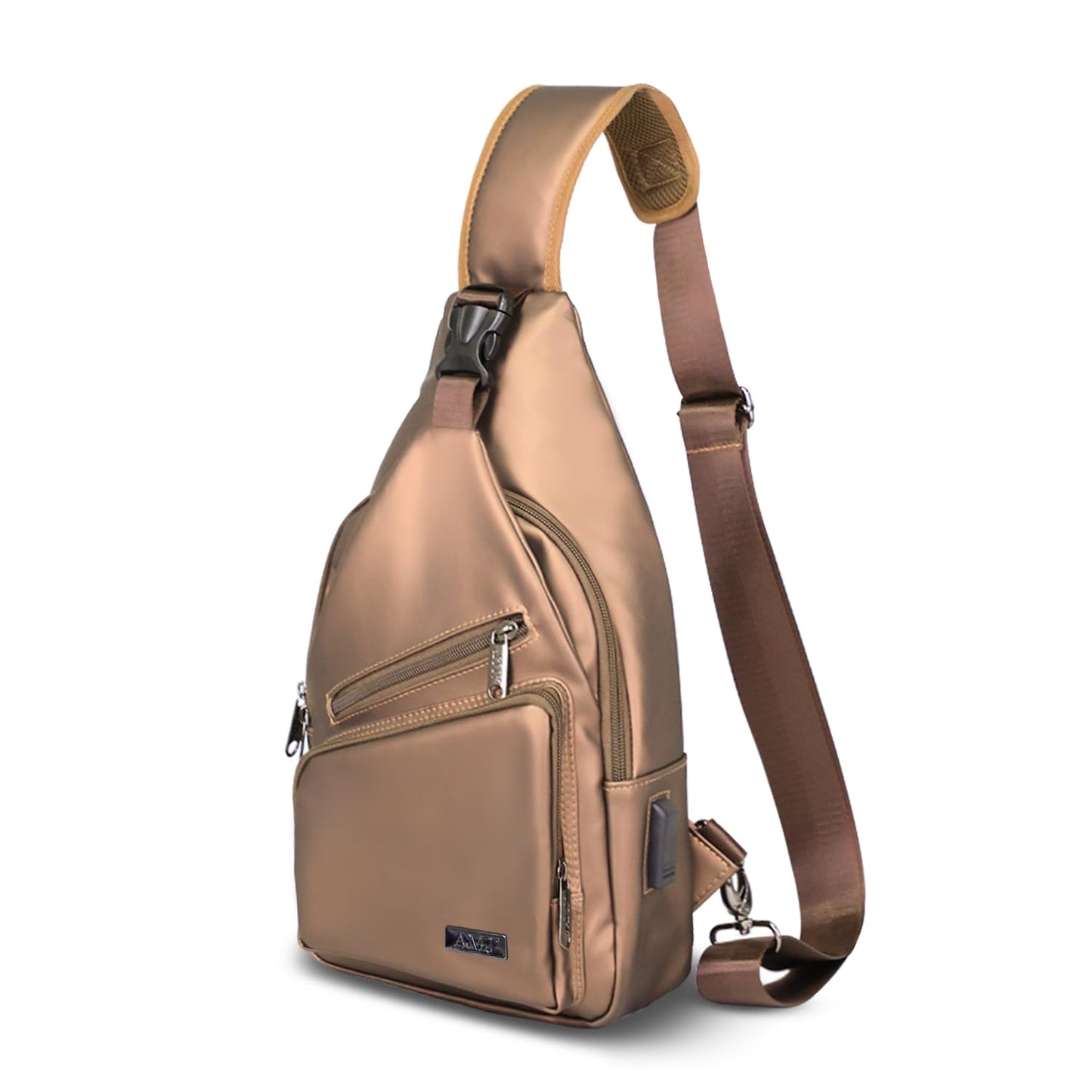 AMJ Crossbody Sling Bag, Upgraded PU Leather with USB Port Casual Shoulder Chest Bag with Logo Zipper Pulls (Leather Brown)