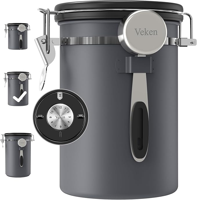 Veken Coffee Canister, Airtight Stainless Steel Kitchen Food Storage Container with Date Tracker and Scoop for Grounds Coffee, Beans, Tea, Flour, Cereal, Sugar, 22OZ, Gray