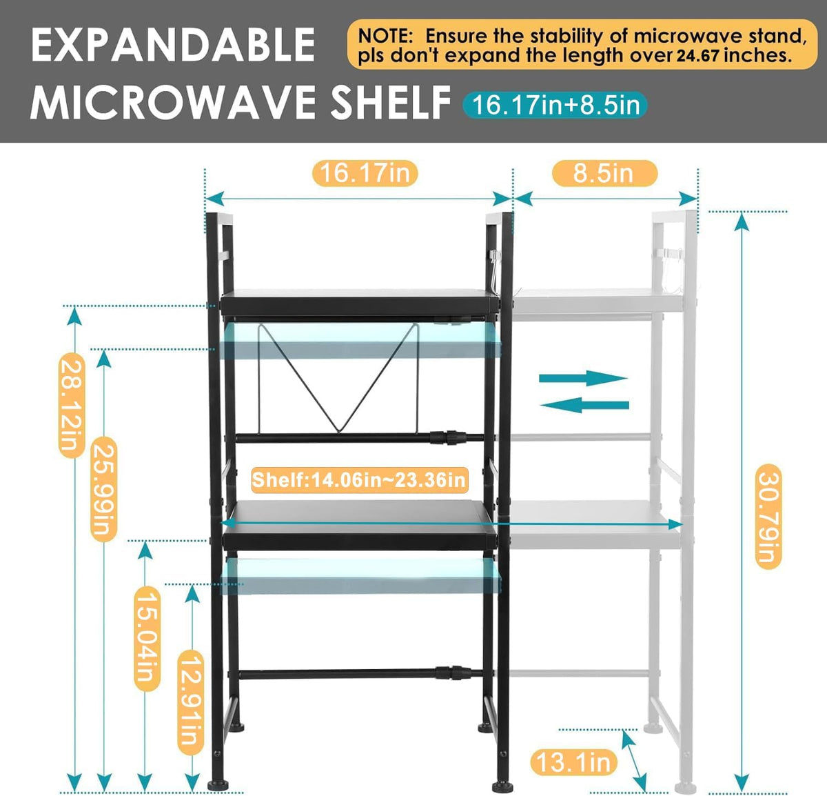 DOLALIKE Microwave Oven Rack, Expandable Microwave Stand Countertop Kitchen Utensils Tableware Storage, Carbon Steel Over Microwave Shelf Countertop with 3 Hooks
