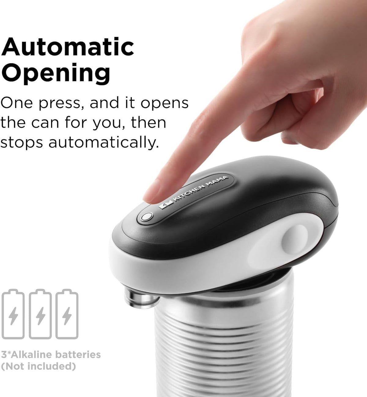 Kitchen Mama One-To-Go Electric Can Opener: One-Touch Operation, Auto-Detect Can Shapes, Auto-Stop, Smooth Edge, Lid Lift, Battery Operated (White)