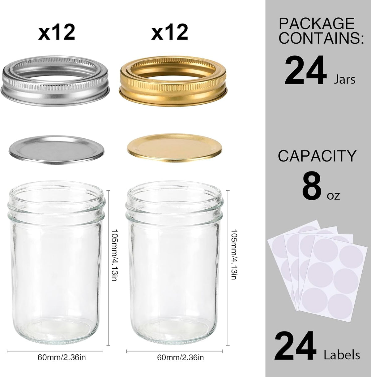 Mason Jars 8 oz, 24 Pack Canning jars 8 oz Jelly Jars With Regular Lids and Bands, Half Pint Glass Jars Ideal for Jam, Honey, Wedding Favors, Shower Favors