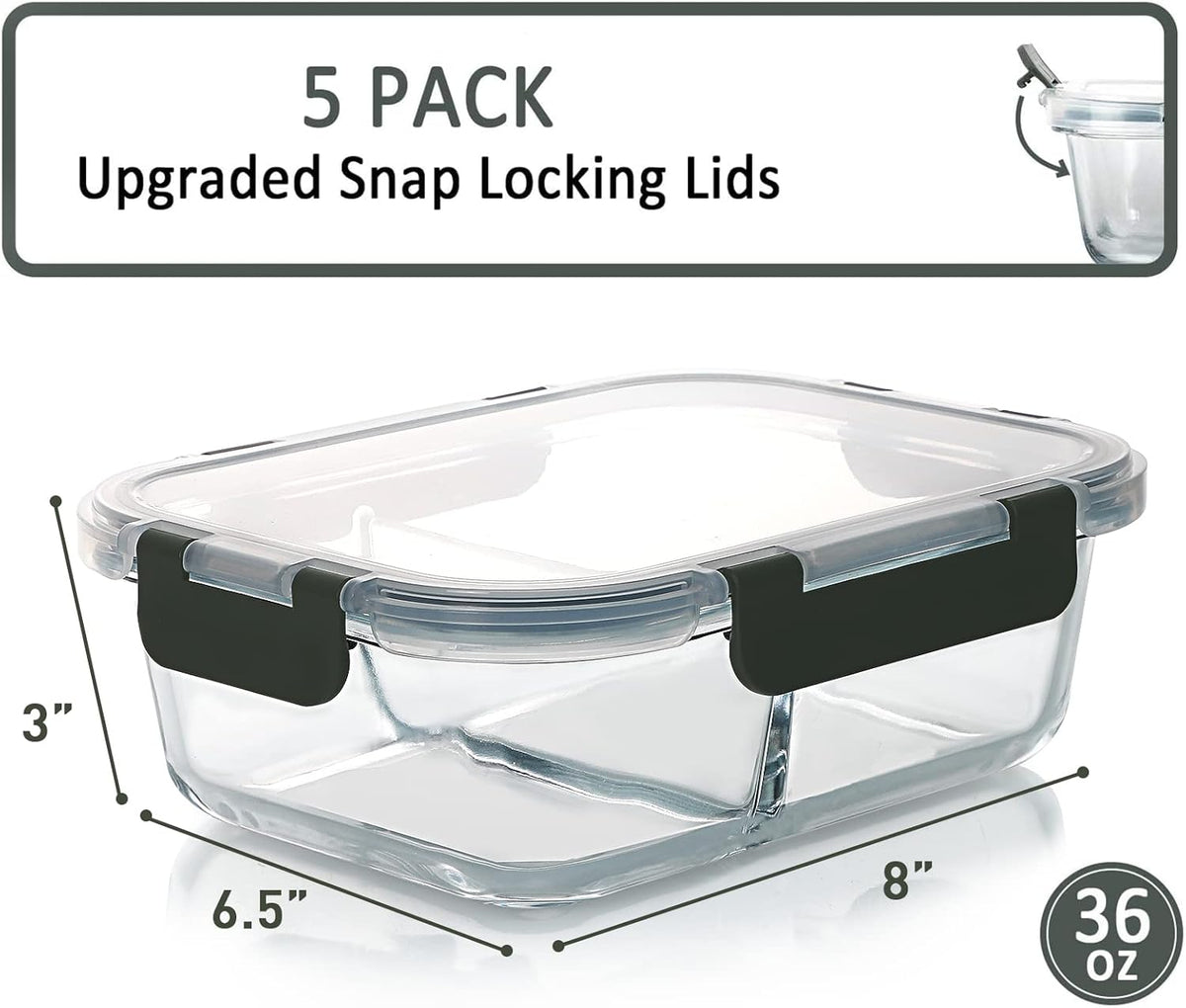 [5-Pack,36 Oz]Glass Meal Prep Containers 2 Compartments Portion Control with Upgraded Snap Locking Lids Glass Food Storage Containers, Microwave, Oven, Freezer and Dishwasher (4.5 Cups)