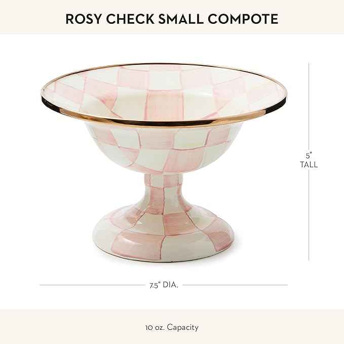 MACKENZIE-CHILDS Enamel Compote, Cute Enamel Pedestal Serving Dish or Decorative Bowl, Small, Pink-and-White Rosy Check