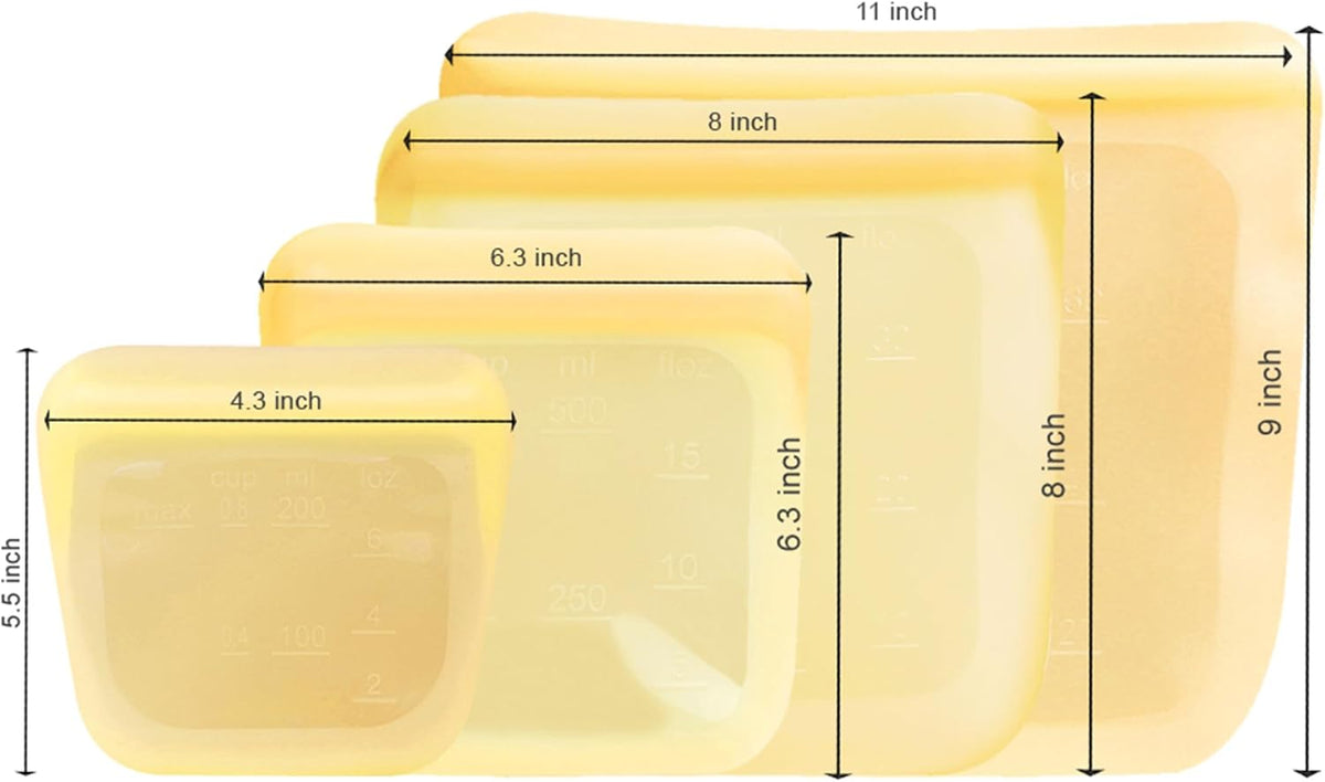 purifyou Set of 4 Reusable Silicone Storage Snack Bags 6oz / 16oz / 32oz / 64oz Self-Seal Food Storage Container for Fruits, Vegetables, Sandwiches, Dishwasher Safe & Leak-free (Pastel Yellow)