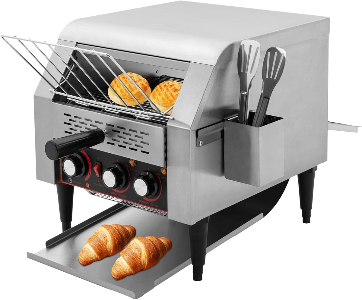 Commercial Conveyor Toaster 300 Slices/Hour Stainless Steel Conveyor Restaurant Toaster 1900W Countertop Electric Industrial Toasters w/Double Heating Tubes for Bun Bagel Bread Baked Food