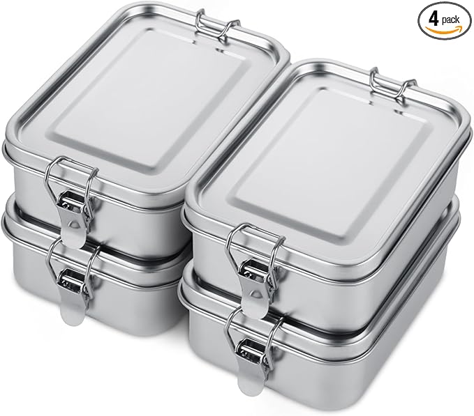 QTLCOHD 4 Pack 850ml Stainless Steel Lunch Box for Adults, 29oz Metal Bento Box with 2 Compartments, Leak-Proof Lunch Container with Lockable Clips, Metal Food Storage for Travel, Work