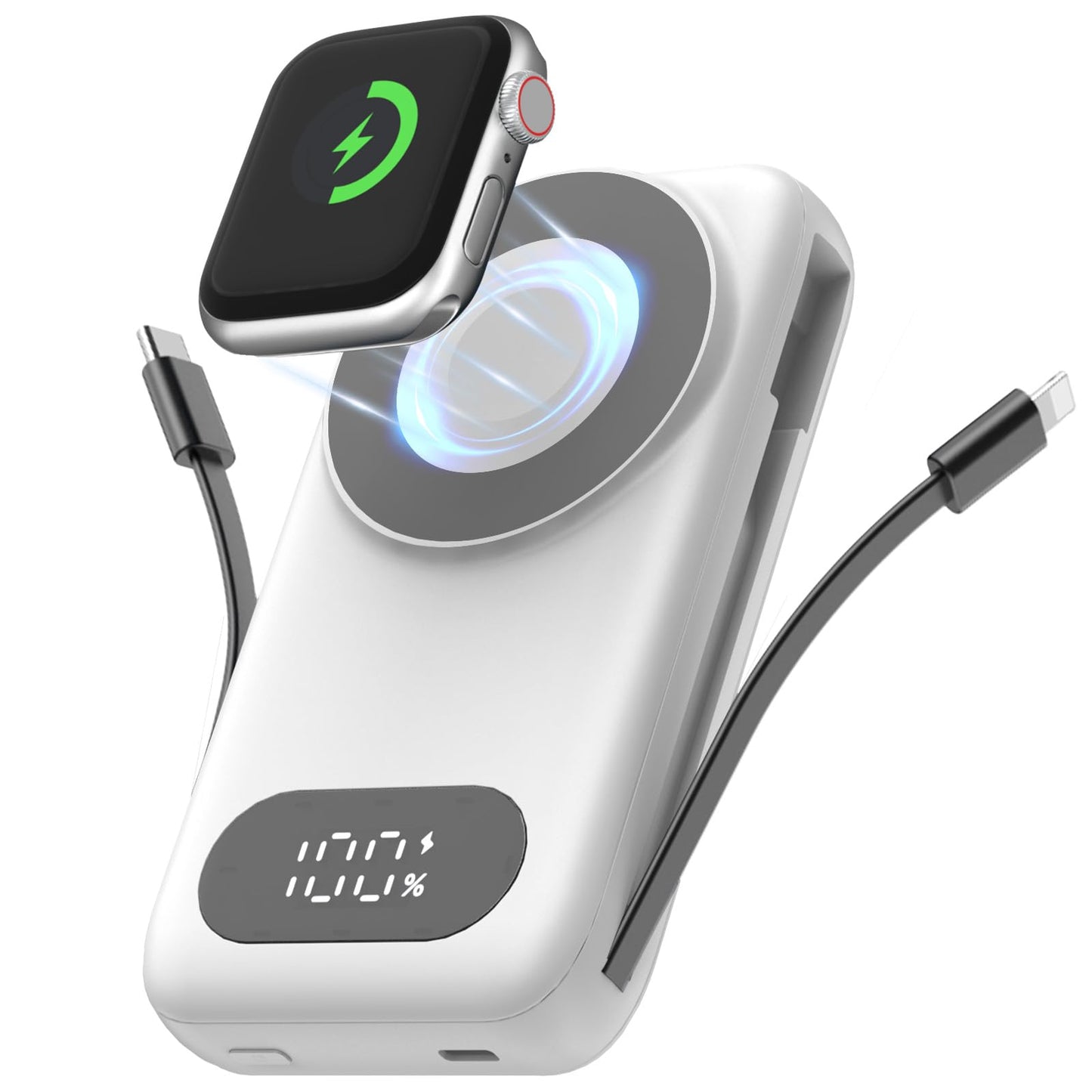 HUAENG Magnetic Portable Charger 26800mAh for iPhone 17/16/15/14/13/12 with Built-in Cables，6-in-1 Wireless Power Bank with iWatch Charger and Compatible with Samsung, Android Phones(White)