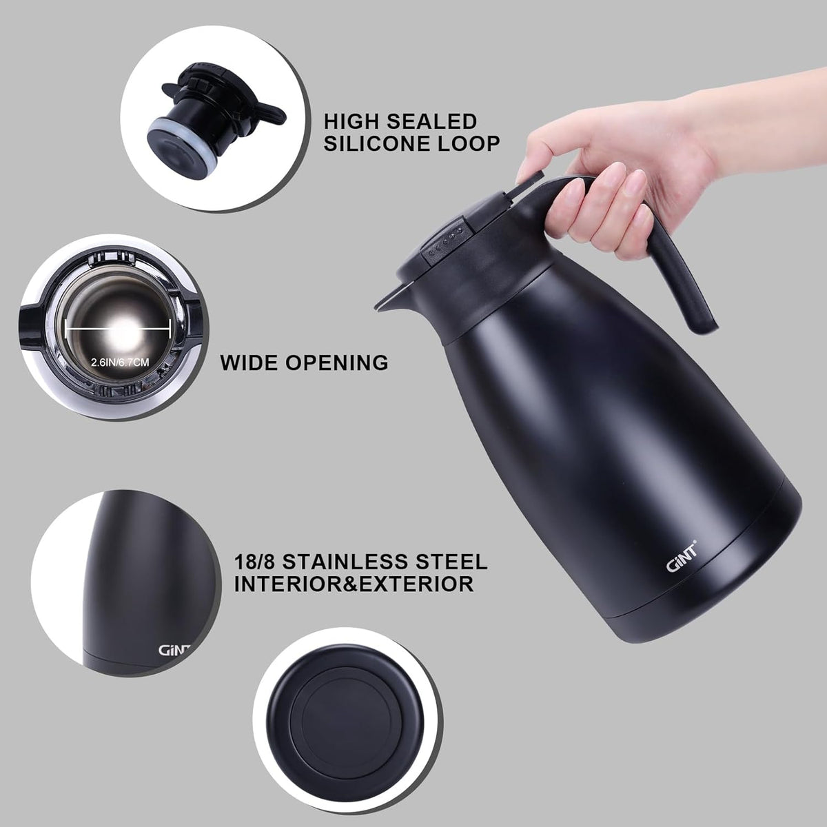 GiNT 2.2L / 74Oz Thermal Coffee Carafe, Insulated Stainless Steel Coffee Carafes for Keeping Hot/Double Walled Vacuum Thermal Carafe (Black)