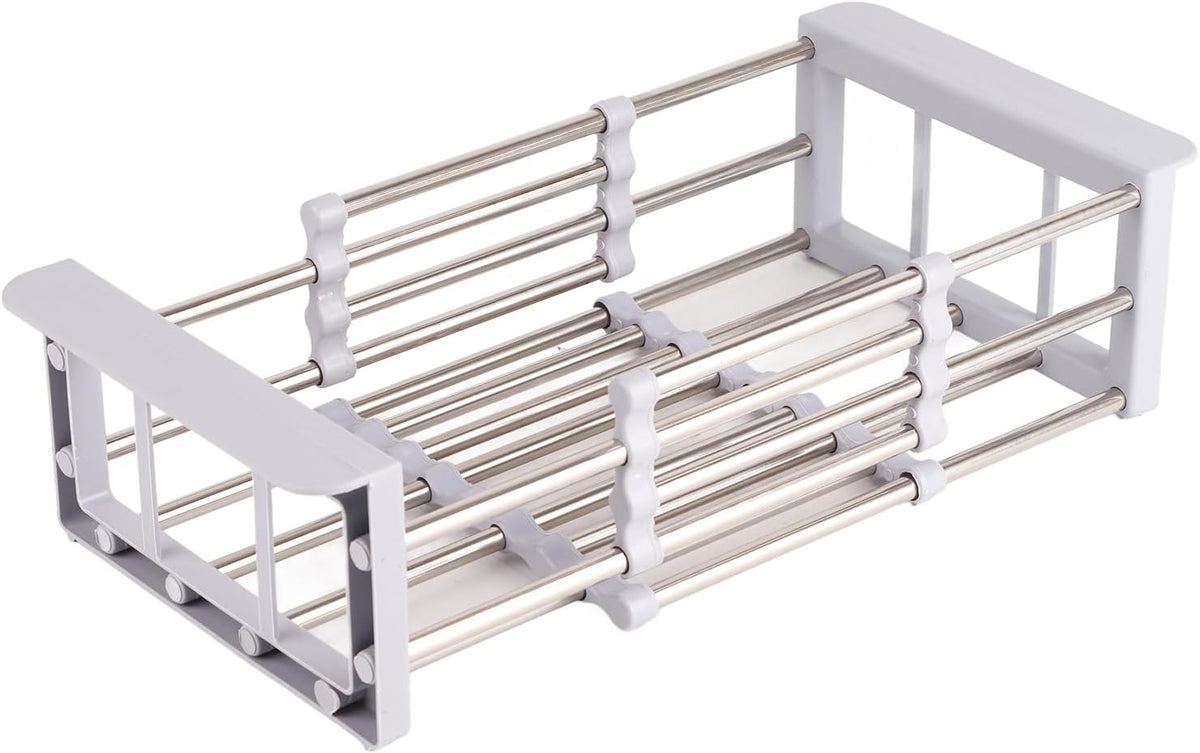 Cyrank Dish Drying Rack, Over The Sink PET Kitchen Rack, Expandable Drain Basket, Adjustable Stainless Steel Strainer, S#Grey