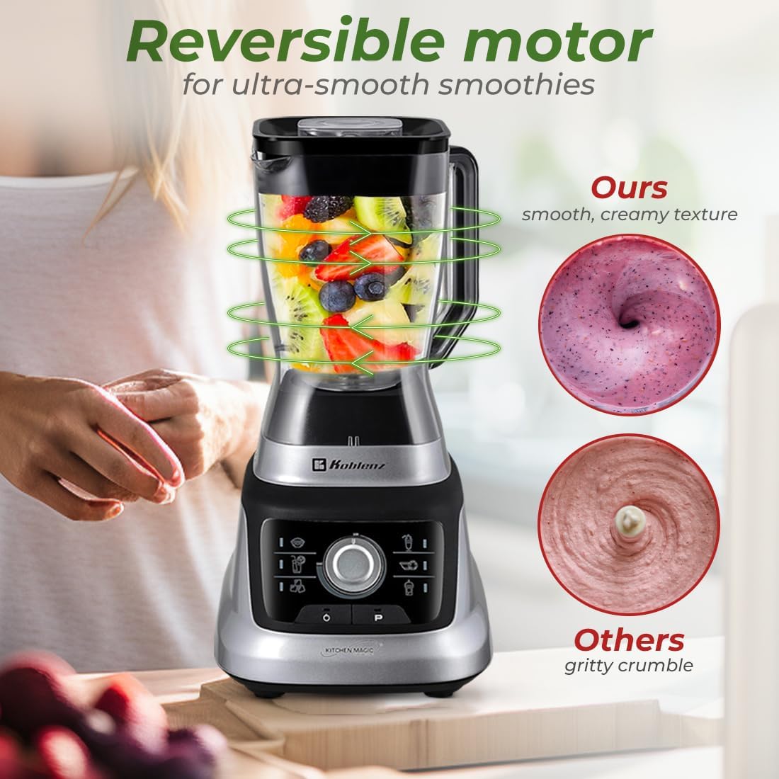 Koblenz Bob Blender, Countertop with Reversible motor, Speed Knob and 6 Functions, 1400-watt Motor, 68 oz. Capacity, Super Silent Operation, Includes 2 To-Go Cups and Tamper, Black/Chrome, LKM-9610