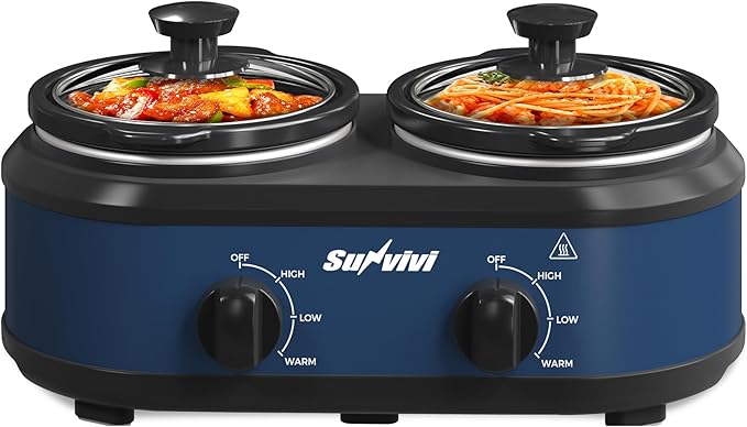 Double Slow Cooker,2 Removable Pots Small Mini Crock Buffet Server and Warmer with Adjustable Temp, Visible Glass Lids, Dishwasher Safe, 2 x 1.25 Quart, Blue