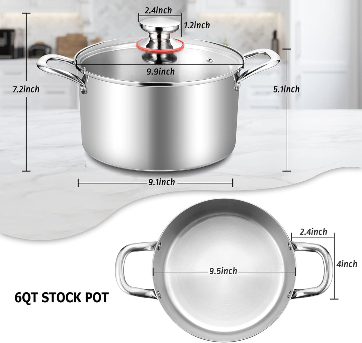 TeamFar 6 Quart Stock Pot, Stainless Steel Tri-Ply Cooking Pasta Pot with Tempered Glass Lid for Induction/Electric/Gas/Ceramic, Healthy & Sturdy, Double Riveted Handles & Dishwasher Safe