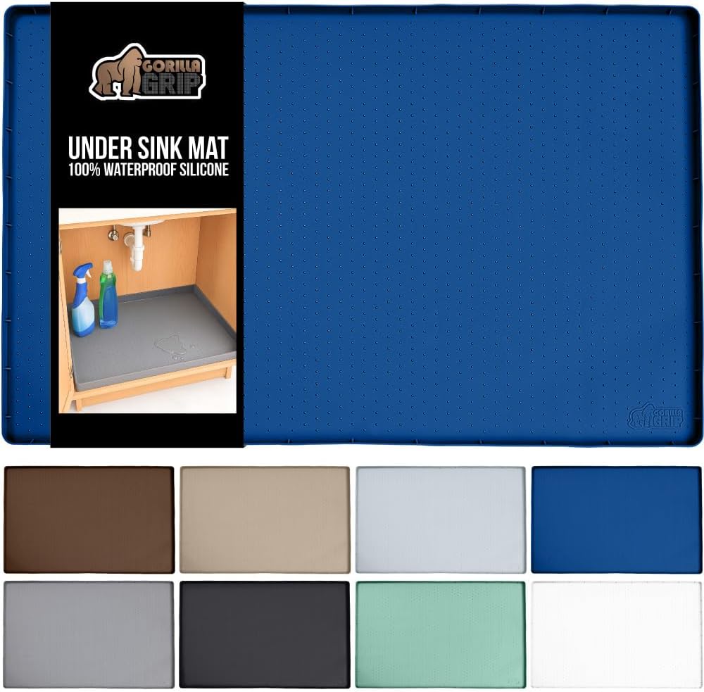 GORILLA GRIP Waterproof Silicone Under Sink Mat with Raised Lip for Kitchen and Bathroom, 28 x 22 in, Cabinet Shelf Liner Stay in Place Mats Dishwasher Safe Drawer Liner, Organizer Tray, Blue