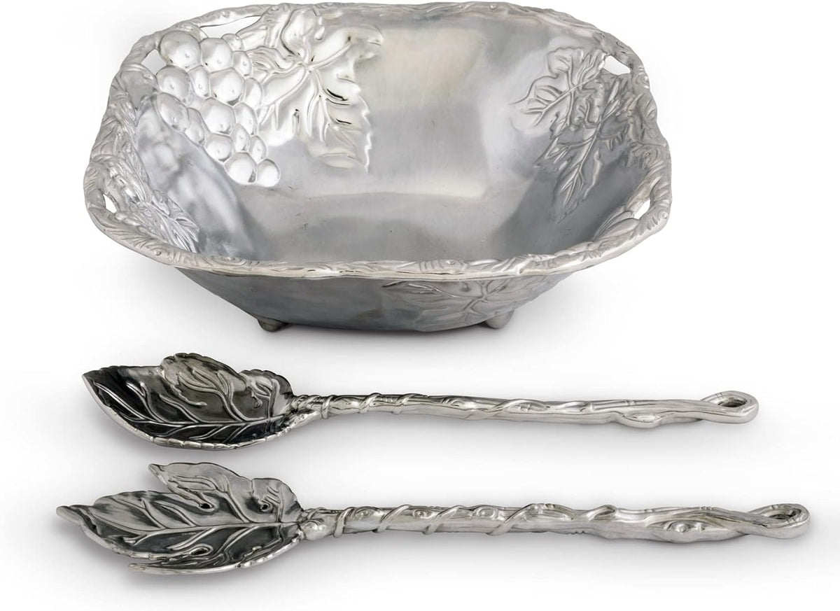 Arthur Court Designs Metal 3-Pc Grape Salad Set Bowl and Server in Grape Pattern Sand Casted in Aluminum with Artisan Quality Hand Polished Design Tarnish-Free 9.5 Inch Diameter