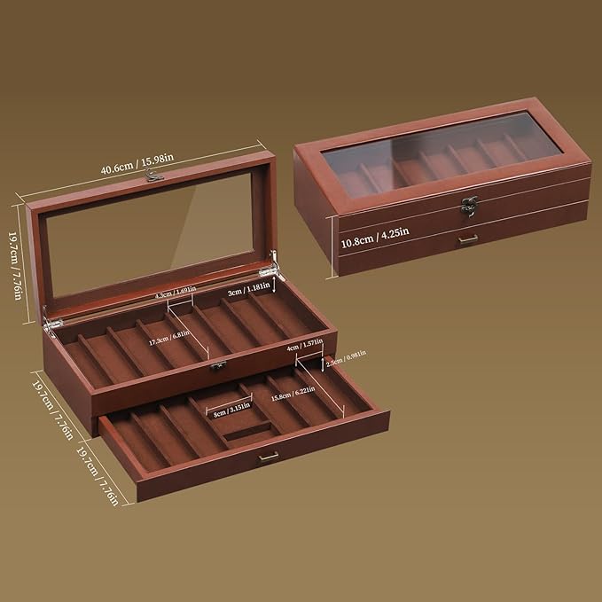 AUTOARK 2-Tier PU Leather & Velvet Knife Organizer with 17 Slots,Transparent Glass Top & Drawer,Compact Storage for Pocket Knives,Perfect for Men's Collections & Gifts,Coffee,MKAW012